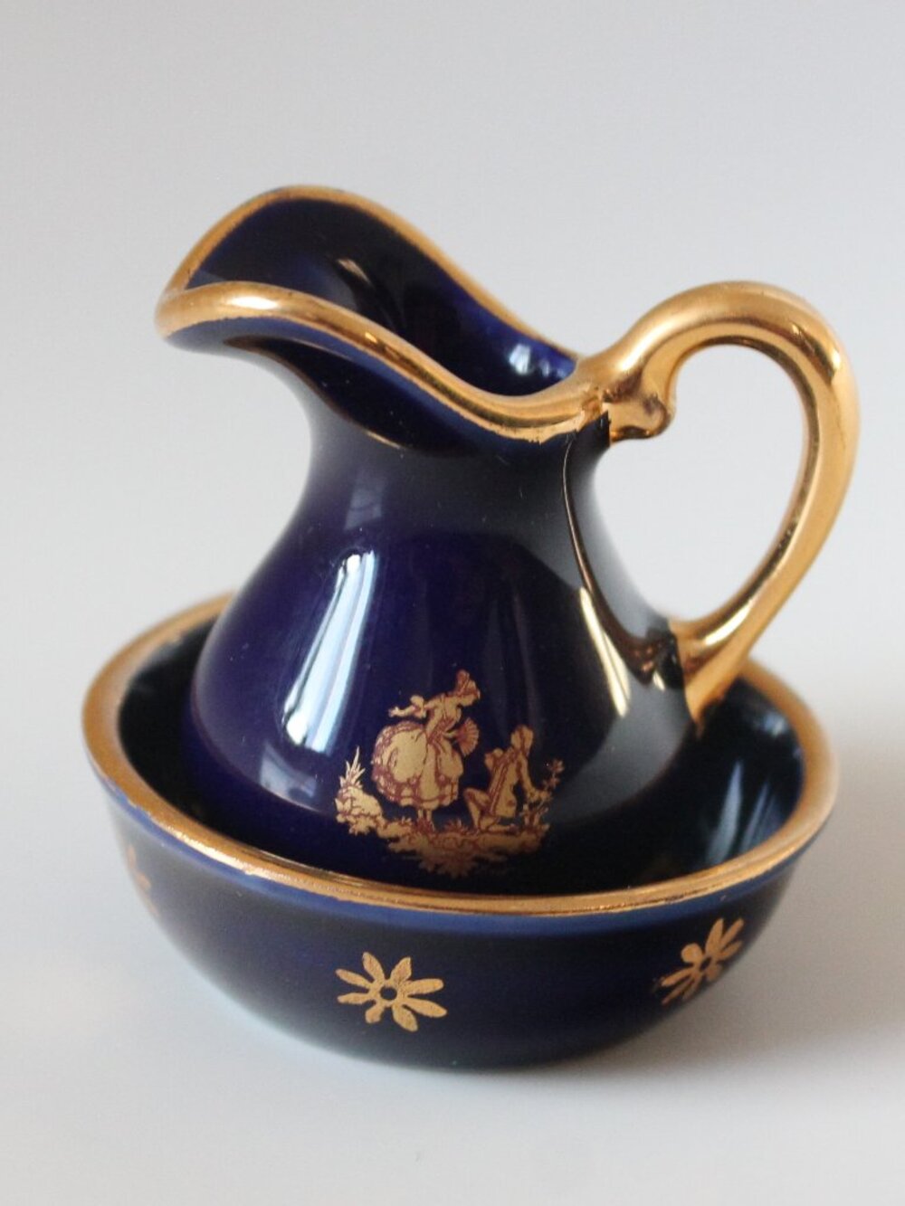 Miniature Cobalt Blue Bowl and Pitcher with Gilt Decoration (Limoges, France)